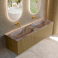 Badmeubel Mondiaz Kurve-Dlux | 150 cm | Meubelkleur Dusk | Wastafelkleur Sombra | Solid surface | Wasbak beide zijden spoelbak | Zonder kraangat(en)