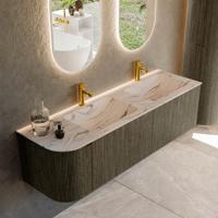 Badmeubel Mondiaz Kurve-Dlux | 155 cm | Meubelkleur Shadow | Wastafelkleur Nata | Solid surface | Dubbel / Rechts spoelbak | 2 kraangaten