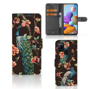 Samsung Galaxy A21s Telefoonhoesje met Pasjes Pauw met Bloemen