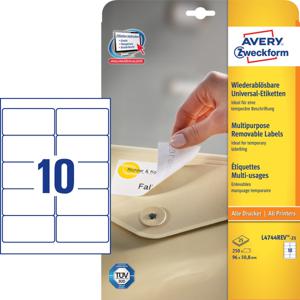 Avery-Zweckform L4744REV-25 Universele etiketten 96 x 50.8 mm Papier Wit 300 stuk(s) Weer verwijderbaar Inkjet, Laser (zwart/wit), Laser (kleur), Kopiëren