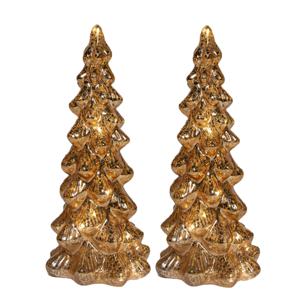 Kerstboom beeldjes - 2x st - goud - met LED licht - H25 cm - glas - decoratie kerstboompje