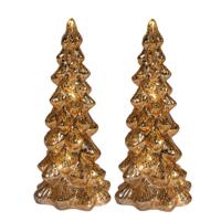 Kerstboom beeldjes - 2x st - goud - met LED licht - H25 cm - glas - decoratie kerstboompje - thumbnail