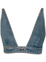 Prada haut crop en jean à plaque logo - Bleu - thumbnail