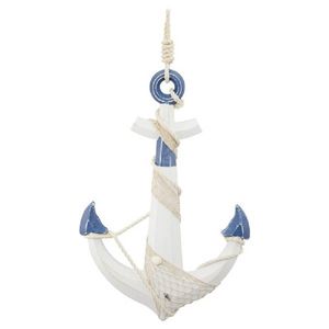 Groot houten anker beeld wit met blauw 59 x 39 cm maritieme hangdecoratie - Beeldjes