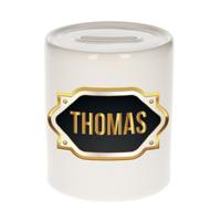 Spaarpot met voornaam Thomas - wit - goud/zwart embleem - 8 x 9 cm - keramiek - afsluitdop