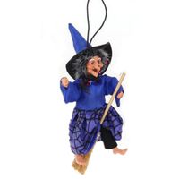 Creation decoratie heksen pop - vliegend op bezem - 10 cm - zwart/blauw - Halloween versiering   - - thumbnail