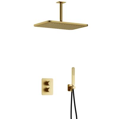 Hotbath Gal - GL106 - Inbouw Regendoucheset - Geborsteld Messing PVD - Thermostatisch - Plafondbuis 15 cm - Hoofddouche 270x400 mm - Staafhanddouche - met GL106 - met 2-Weg Stop-Omstel