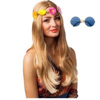 Hippie Flower Power Sixties verkleed set hoofdband met blauwe party bril