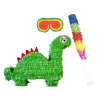 Verjaardag Pinata dinosaurus - 54 cm - groen - set met stok en masker - thumbnail