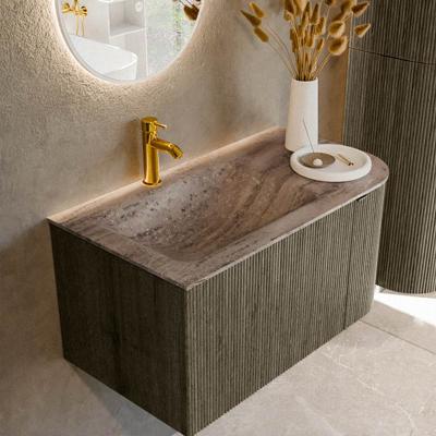 Badmeubel Mondiaz Kurve-Dlux | 85 cm | Meubelkleur Shadow | Wastafelkleur Oza | Solid surface | Wasbak linker zijde spoelbak | 1 kraangat