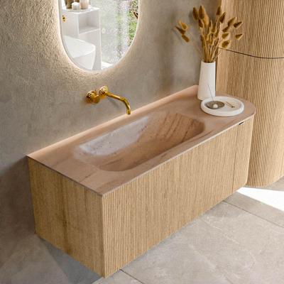 Badmeubel Mondiaz Kurve-Dlux | 115 cm | Meubelkleur Oak | Wastafelkleur Saba | Solid surface | Wasbak linker zijde spoelbak | Zonder kraangat(en)