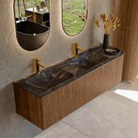 Mondiaz KURVE-DLUX 155 cm Onderkast Greeploos 2 Lades Met Deuren Walnut, Wastafel Solid Surface Links Lava 2 Kraangaten Zonder Spiegel (KRVLEA155R2L1D2KD-Wal/Lav)