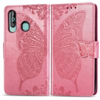 Vlinder liefde bloemen reliëf horizontale Flip lederen case voor Galaxy A60 met houder & card slots & portemonnee & Lanyard (roze)
