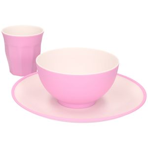 Set van 6x onbreekbare kunststof/melamine roze ontbijt bordjes/bekers en kommetjes