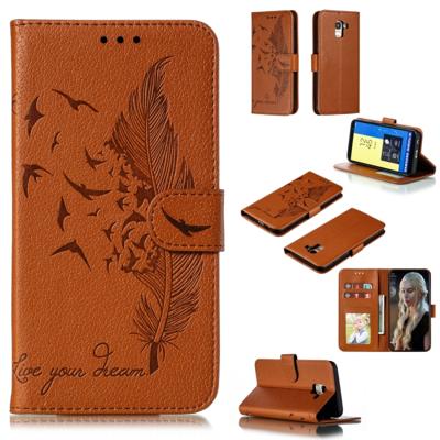 Feather patroon Litchi textuur horizontale Flip lederen draagtas met portemonnee & houder & kaartsleuven voor Galaxy J6 (2018) (bruin)