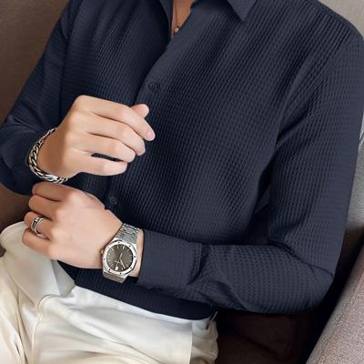 Bon&Bon Men's Waffle Knit Shirt - Black Long Sleeve Button Front Navy Blue / XXL