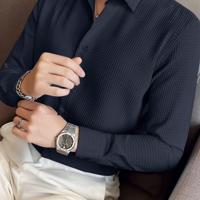 Bon&Bon Men's Waffle Knit Shirt - Black Long Sleeve Button Front Navy Blue / XXL