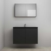 On-Line Badkamermeubelset - 100 cm - Bouwpakket - Greeploze Ladestructuur - Acryl Wastafel - 1 Kraangat - Spiegelkast - Mat Zwart
