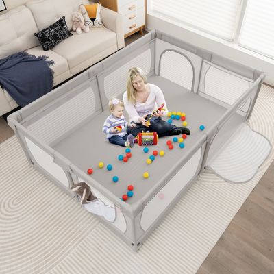 Babybox met 50 Ballen en 2 Deuren Box met Ademend Net en Ritssluiting Box voor Zuigelingen en Peuters 206 x 147 cm (Grijs met Matras)
