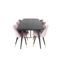 Gold eethoek eetkamertafel uitschuifbare tafel lengte cm 180 / 220 zwart en 6 Velvet eetkamerstal velours roze, zwart,