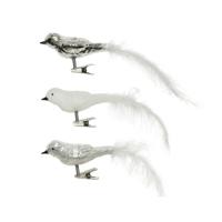 Decoratie vogels - 3x - op clip - wit/zilver - 8 cm - glas - kerstversiering - vogeltjes