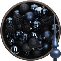 37x stuks kunststof kerstballen 6 cm incl. glazen piek mat donkerblauw - Kerstbal