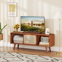 Bamboe TV-kast met Rieten en Glazen Schuifdeur TV Lowboard Televisietafel Televisiekast Bruin
