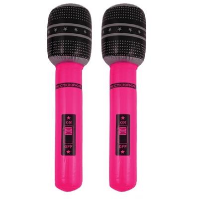 Opblaasbare microfoon - 2x stuks - neon roze - 40 cm - opblaas - popster verkleedaccessoires