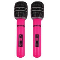 Opblaasbare microfoon - 2x stuks - neon roze - 40 cm - opblaas - popster verkleedaccessoires