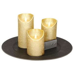 Ronde kaarsenplateau zwart van kunststof D33 cm met 3 gouden LED-kaarsen 10/12,5/15 cm