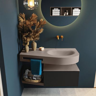 MONDIAZ RIVA 100cm badmeubel onderkast / planchet kleur Urban met 1 lade. Wastafel DULCET rechts 0 kraangaten kleur Smoke. MONDIAZ RIVA 100cm badmeubel onderkast / planchet kleur Urban met 1 lade. Wastafel DULCET rechts 0 kraangaten kleur Smoke.