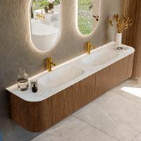 Mondiaz KURVE-DLUX 200 cm Onderkast Greeploos 2 Lades Met Deuren Walnut, Wastafel Solid Surface Dubbel Opalo 2 Kraangaten Zonder Spiegel (KRVSTS200L+R2L2D2KD-Wal/Opa)