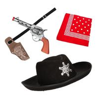 Carnaval Verkleed set - Cowboy hoed zwart/zakdoek rood/holster met revolver - voor kinderen - thumbnail