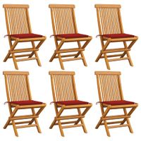 vidaXL Tuinstoelen 6 st met rode kussens massief teakhout - thumbnail