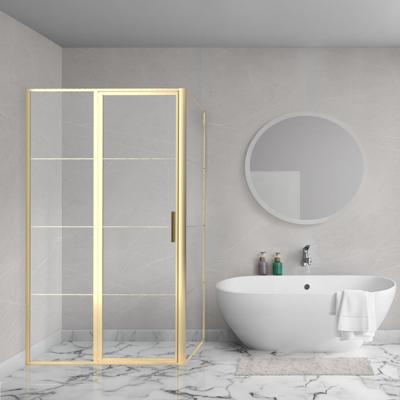 Aqua Vista Triple Draaideur met vast deel - 90x200 cm - 8mm - helder glas - onderdeel hoekcabine - geborsteld messing (goud) R-BYT-C90-FFF