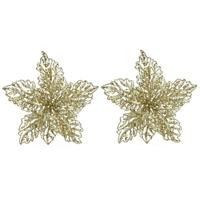 Bellatio Decorations Kersthangers - 2x - 23 cm - glitter bloem - goud