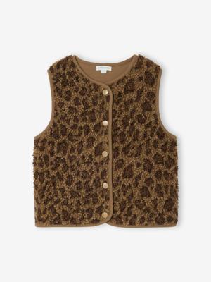 Mouwloos meisjesvestje van sherpa met luipaardprint bruin