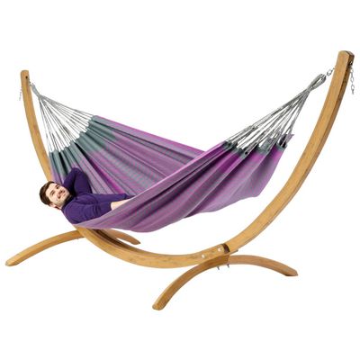 Tweepersoons hangmat met houten standaard - 350x160cm -Paars - 160kg draagkracht- 100% katoen - binnen & buiten