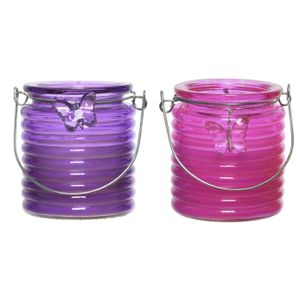 Citronella windlicht met kaars - 2x - paars en roze - 20 branduren - citrusgeur