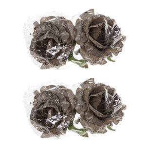 4x stuks decoratie bloemen roos zilver glitter op clip 10 cm