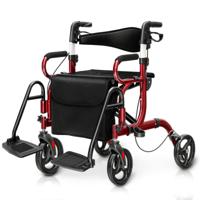 2-in-1-rollator voor Senioren Opvouwbare Medische Loopondersteuning met Zitplaats Omkeerbare Rugleuning Rood