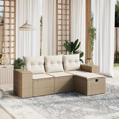 4-delige Loungeset met kussens poly rattan beige