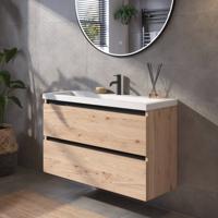 Saqu Gaia voorgemonteerd ondiep badmeubel met zwarte greeplijst incl. wastafel 100x40cm naturel eiken