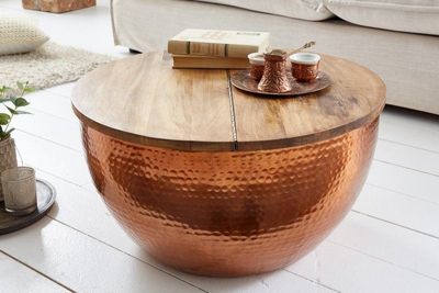Ronde salontafel ORIENT STORAGE 60cm koper gehamerd handgemaakt acaciahout met opbergruimte - 39253