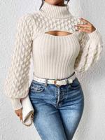 Bon&Bon Blue Cut Out Turtleneck Sweater - Rib-Knit Lantern Sleeve Pullover Apricot / L