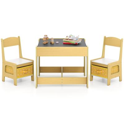 Set met Tafel en 2 Stoelen voor Kinderen Activiteiten Tafel voor Peuters met Afneembaar Dubbelzijdig Blad Schoolbord en Whiteboard-Geel