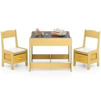 Set met Tafel en 2 Stoelen voor Kinderen Activiteiten Tafel voor Peuters met Afneembaar Dubbelzijdig Blad Schoolbord en Whiteboard-Geel