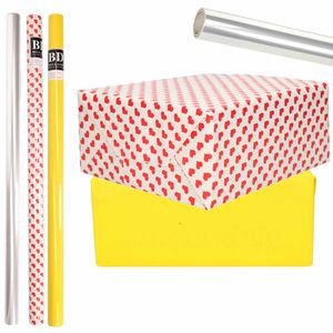 6x Rollen kraft inpakpapier transparante folie/hartjes pakket - geel/harten design 200 x 70 cm - Cadeaupapier