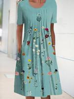 Floral Tunic Round Neckline Midi A-line Dress - thumbnail