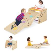 6-In-1 Klimrek Klimdriehoek met Glijbaan Incl. In Hoogte Verstelbare Opstapkruk en Wip Klimladder Hout Binnen Speelplaats voor Kinderen 3+
